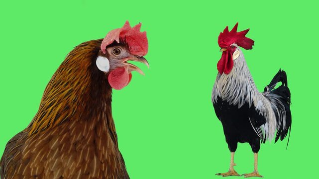 Rooster and hen vocalizing with ambient natural sound on green screen.