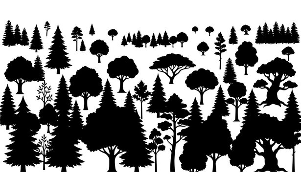 A flat vector illustration showing a diverse collection of tree silhouettes arranged in a natural landscape-style composition. Different tree types such as tall conifers, round deciduous trees, and wi