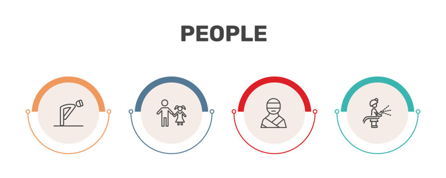 people icon set with ruku, father and daughter, kidnapping, firefighter working signs in flat outline style