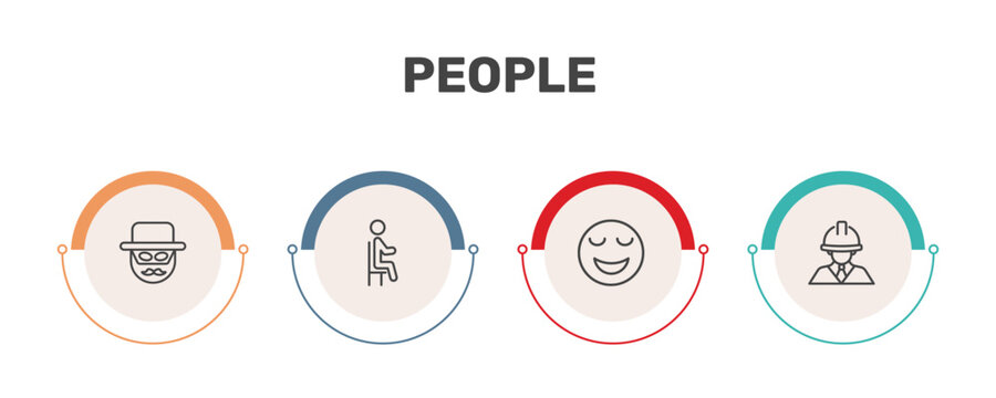 people icon set with zorro, sit down, relieved smile, architect signs in flat outline style
