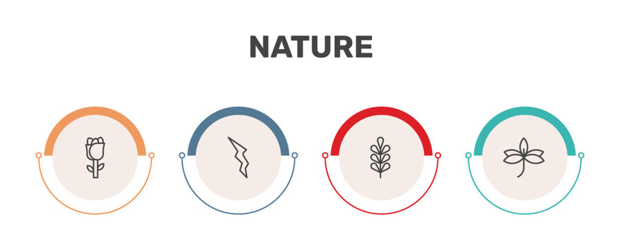 nature icon set with roses, element, pecan leaf, sprig with five leaves signs in flat outline style
