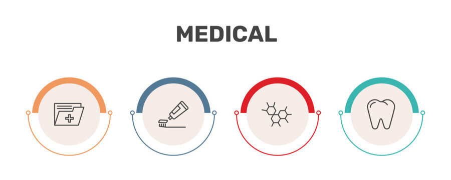 medical icon set with medical records, brush with tooth paste, three hexagons cell, premolar signs in flat outline style