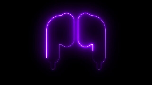 Neon purple glowing wireless earbuds animation, digital audio technology concept