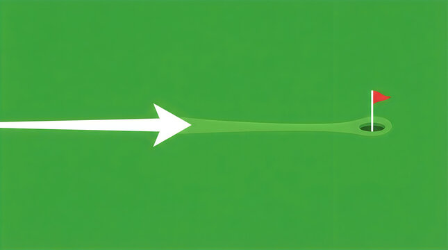 Minimalist graphic banner, a simple arrow pointing towards a golf hole, solid vibrant green background
