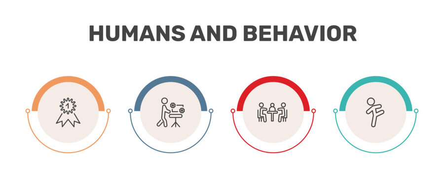 humans and behavior icon set with first prize, hine repair, business meeting, smortsmen signs in flat outline style