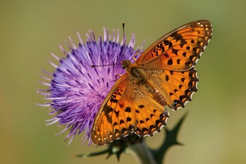 Fototapeta premium Orange butterfly with black spots rests on purple thistle flower. Detailed macro shot shows insect wings and plant nature. Background soft green.