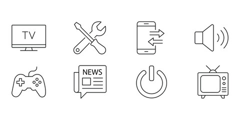 Television smart tv outline icon set with gamepad smartphone tool newspaper speaker vector illustration. © suman