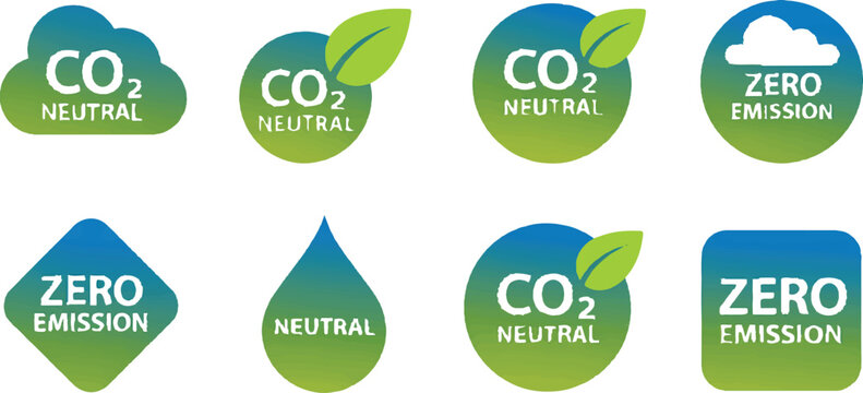 Set of environmental badges and signs for sustainable development featuring zero emission and carbon neutral concepts and icons.