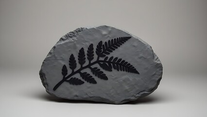 Naklejka premium Cross-section of grey slate rock with intricate black fern leaf mineral imprint.