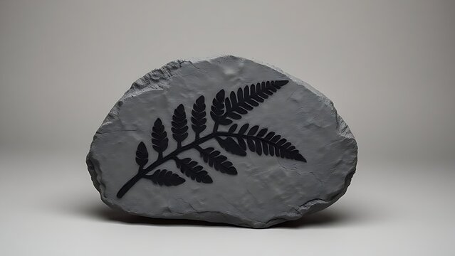 Cross-section of grey slate rock with intricate black fern leaf mineral imprint.