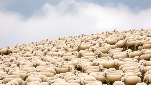 Flock of sheep gathered on hillside like a white cloud, morning light.