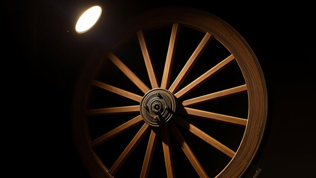 A large wooden cart wheel in a museum, dramatically lit by spotlight.