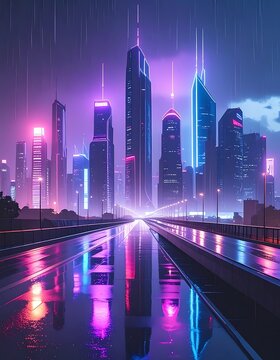 Neon-lit cityscape during a rain shower
