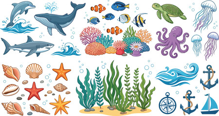 Marine life and nautical vector elements collection with whale shark dolphin sea turtle coral reefs and anchor for educational textbook design © Protima