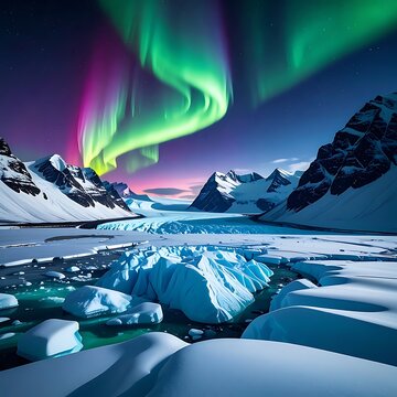 Northern lights dance over icy, mountainous landscape
