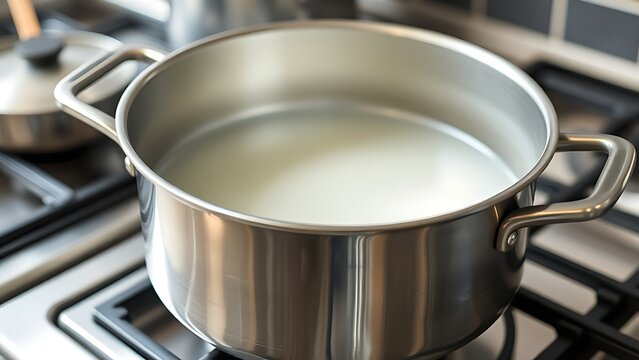 A large clean stockpot simmering gently on a professional kitchen stove.