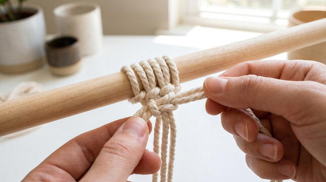 Person weaving cotton rope on a wooden dowel rod for DIY macrame craft project