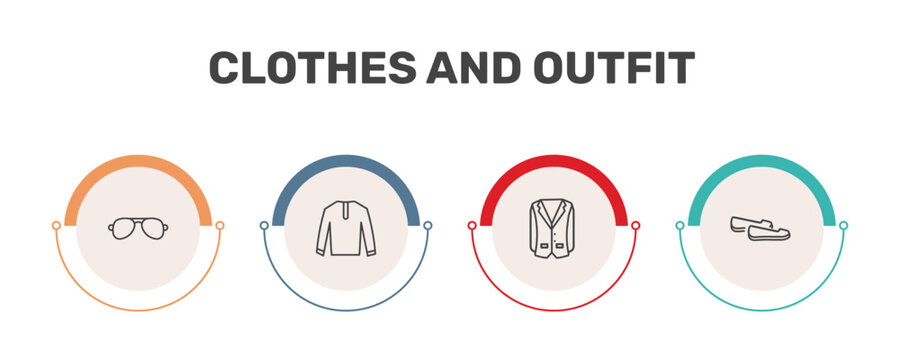 clothes and outfit icon set with pilot sunglasses, nylon jacket, oxford wave blazer, loafer signs in flat outline style