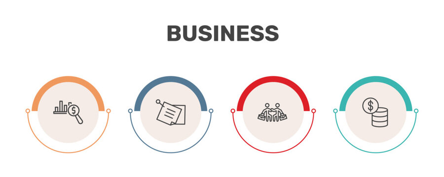 business icon set with dollar analysis bars, post it, work parteners, dollar coins stack signs in flat outline style