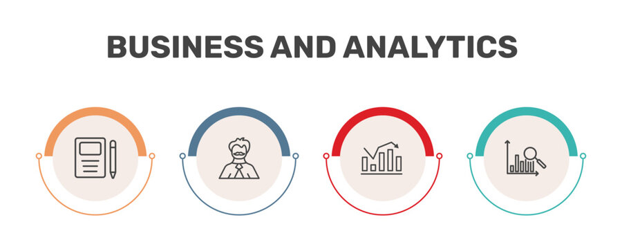 business and analytics icon set with workbook, man with moustach, statistical chart, bars chart analysis signs in flat outline style