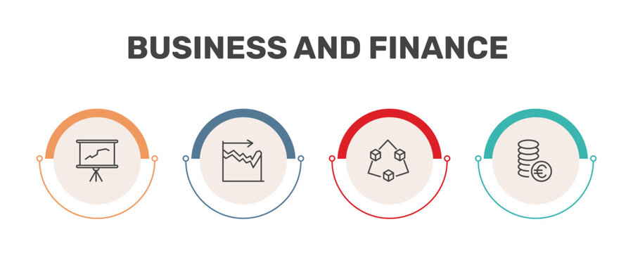 business and finance icon set with graphic panel, dual chart, connection box chart, euro coins stack signs in flat outline style