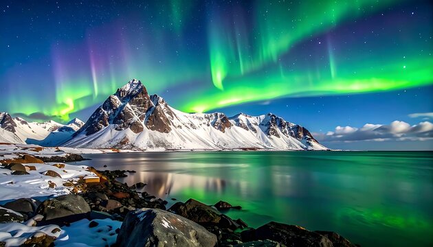 Snowy mountain peak under vibrant aurora borealis (1)