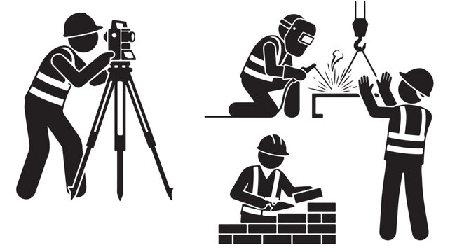 Construction worker stick figure icons, industrial builder and surveyor silhouettes, professional civil engineering and masonry vector set
