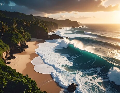 Tropical coastline with crashing ocean waves at sunset