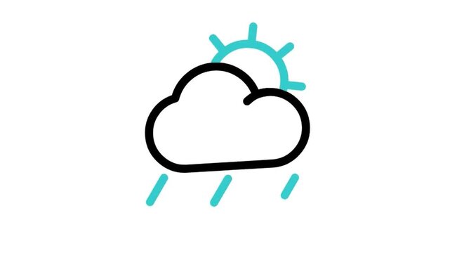 Animated sun behind rain cloud icon loop motion graphic, sun shower weather and mixed climate symbol, isolated on white background