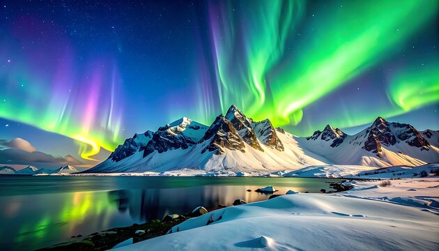 Vibrant aurora borealis display over snow-capped mountains and serene lake (2)