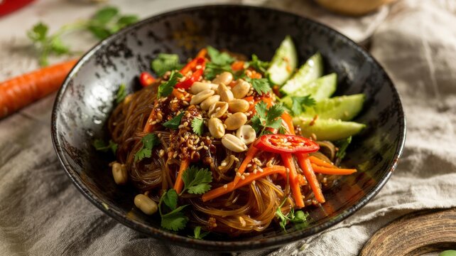 The national dish of pan-Asian cuisine.  
Salad with funchosa (glass noodles) and peanuts is a traditional dish. The noodles are topped with toasted peanuts and sesame seeds.
