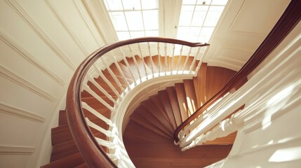 Fototapeta premium Sunlit wooden spiral staircase with white railing
