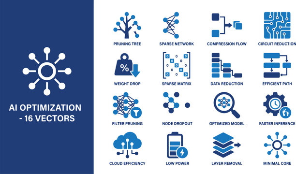 Collection of Blue Vector Icons Illustrating Neural Network Compression and Artificial Intelligence Model Optimization Techniques