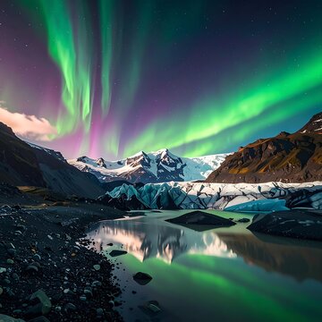 Vibrant aurora borealis over snow-capped mountains