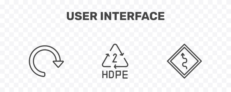 user interface icon set with redo arrow, hdpe 2, curvy road ahead signs in flat outline style