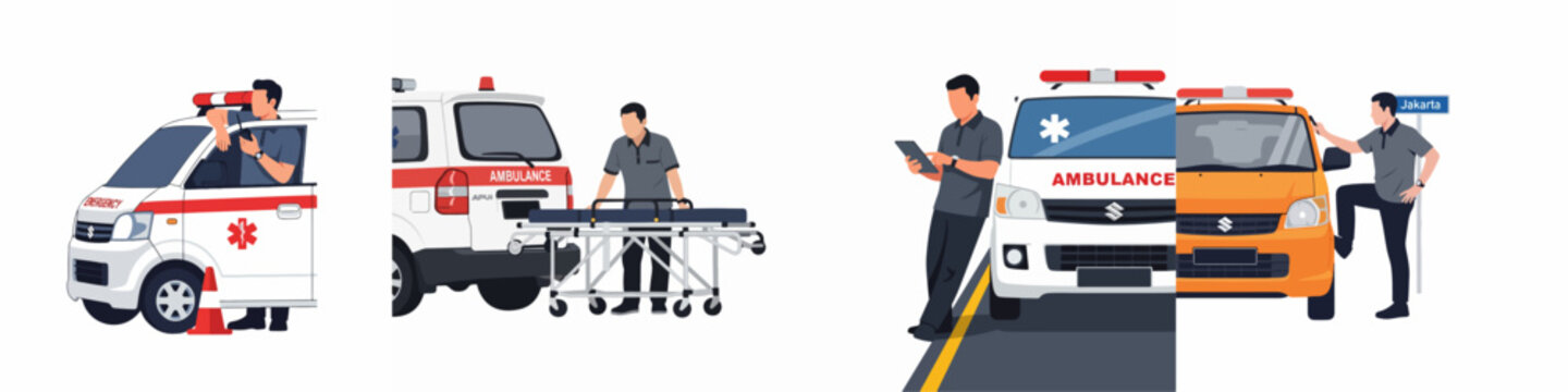 Collection of illustrations depicting a male paramedic or ambulance driver in various work scenarios, including emergency response, patient transport, and communication.