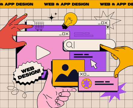 Website or APP design banner concept advertisement in retro style with hands working on ui ux design or mobile application. Studio or agency prototyping or coding web page or mobile app.