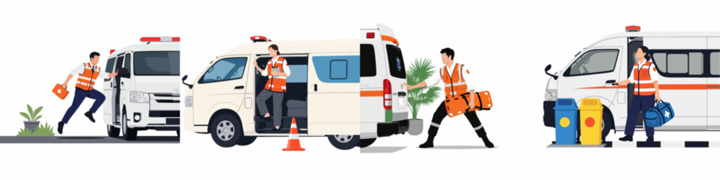Illustrations of male and female paramedics performing emergency tasks with a white ambulance in a flat vector style set against a white background.