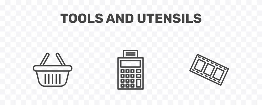 tools and utensils icon set with empty shopping basket, printing calculator, film strip photograms signs in flat outline style