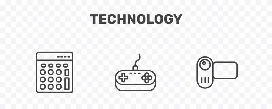 technology icon set with basic calculator, antique gamepad, video camera front view signs in flat outline style