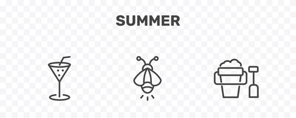 summer icon set with refreshing cold drink, firefly, sand bucket and shovel signs in flat outline style © Abstract