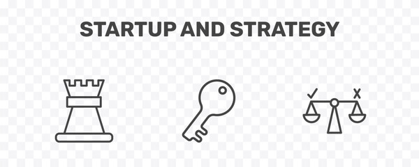 startup and strategy icon set with rook, key, decision signs in flat outline style © Abstract