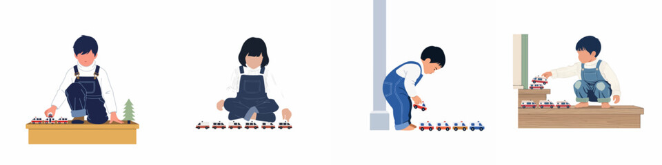 Fototapeta premium Set of flat illustrations showing a young child in denim overalls playing with and arranging toy cars in various positions.