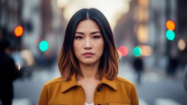 Portrait of a young asian woman with shoulderlength hair wearing a mustard yellow jacket in the city