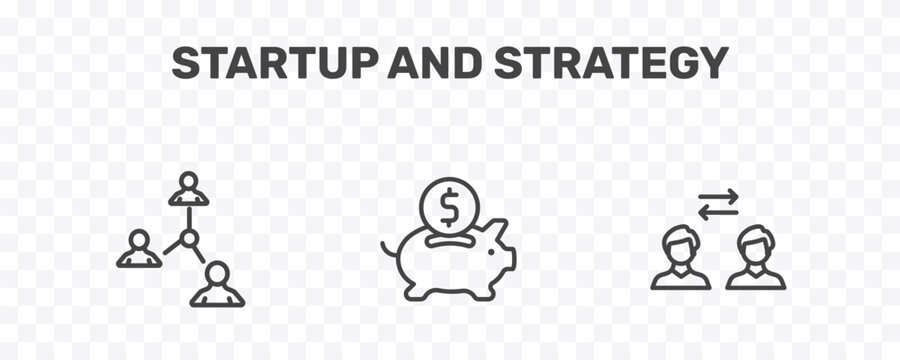 startup and strategy icon set with connection, piggybank, exchanging signs in flat outline style