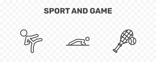 sport and game icon set with karate fighter, man doing pushups, tennis game signs in flat outline style © Abstract