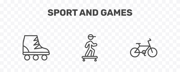 Fototapeta premium sport and games icon set with roller skate, boy with skatingboard, race bike signs in flat outline style