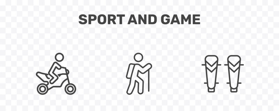 sport and game icon set with motorbike riding, trekking, shin guards signs in flat outline style