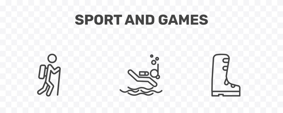 sport and games icon set with trekking, scuba diving, ski boots signs in flat outline style
