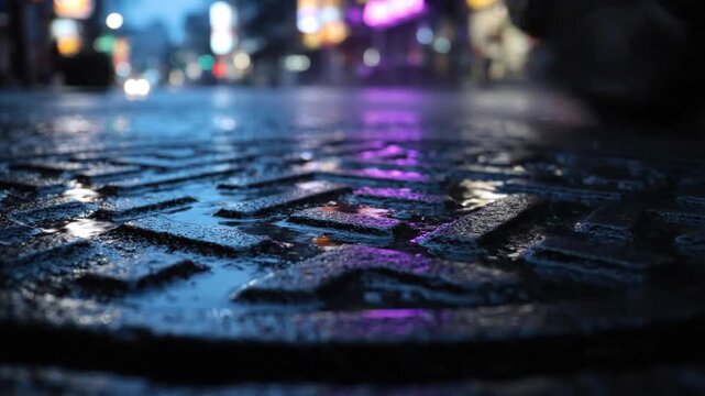 Macro of a wet manhole cover with reflections of neon city lights on a rainy night